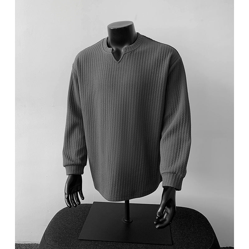 Herren nan grobstrukturierter Strickpullover mit V-förmigem Schlitzkragen und gerundetem Saum Drune