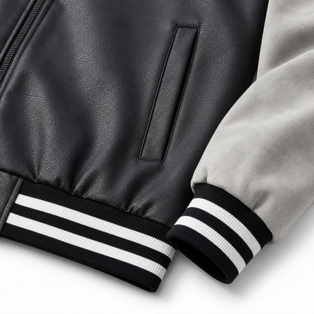 Herren Retro Letterman‑Bomber mit glattem Kunstlederkörper und Veloursärmmel-Detail Drune