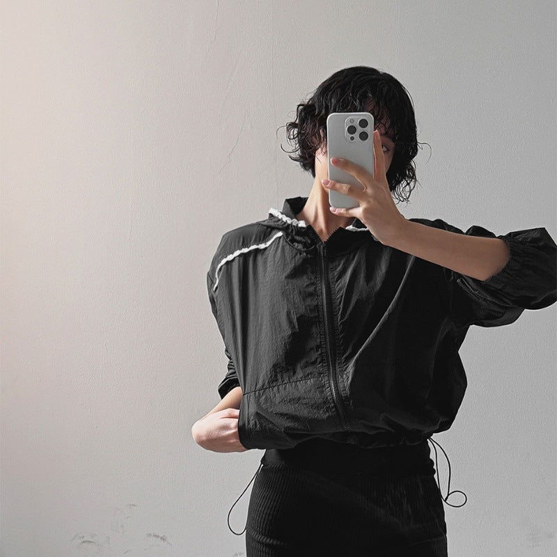 Damen modische cropped Jacke mit verstellbarem Kapuzenkragen Drune