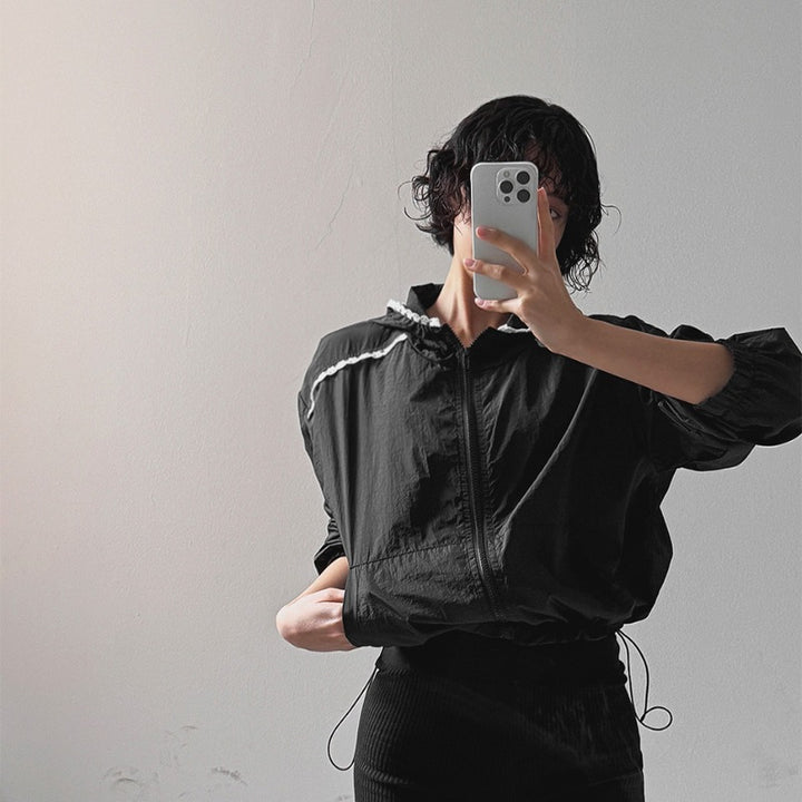 Damen modische cropped Jacke mit verstellbarem Kapuzenkragen Drune