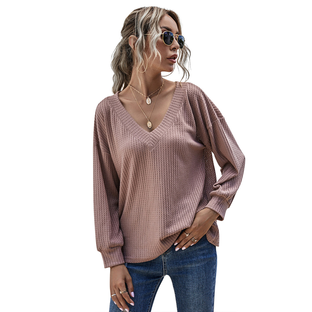Damen Lockeres Waffelstrick-Longsleeve mit V-Ausschnitt und gerippten Bündchen Drune