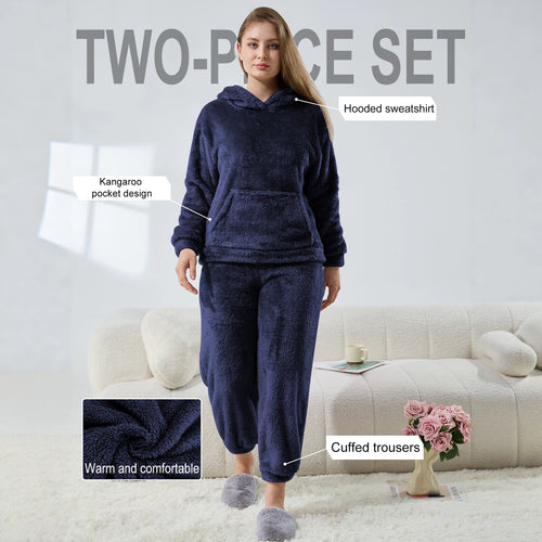 Damen Kuscheliges Teddy-Fleece Lounge-Set mit Kapuze und Kängurutasche Drune
