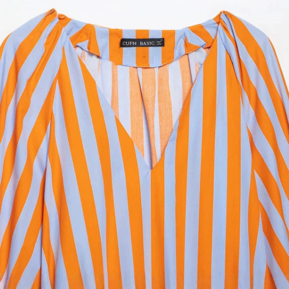 Damen Gestreifte Hemdbluse mit Stehkragen und Tunnelzug Drune