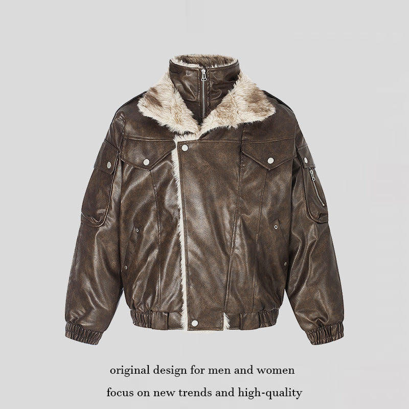 Damen Oversize Kunstleder-Fliegerjacke mit Teddyfutter und Stehkragen Drune