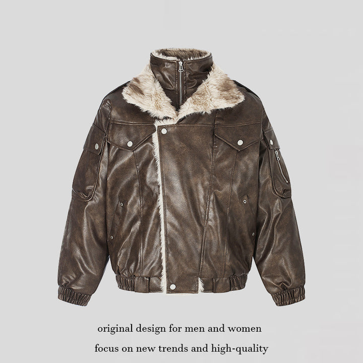 Damen Oversize Kunstleder-Fliegerjacke mit Teddyfutter und Stehkragen Drune