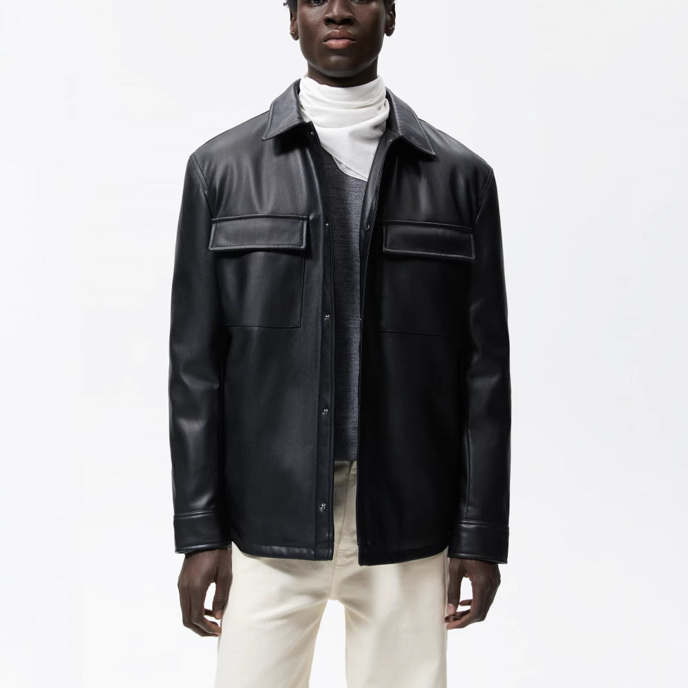 Herren Veganes Glattleder-Overshirt im Hemdjackenstil mit verdeckter Druckknopfleiste Drune