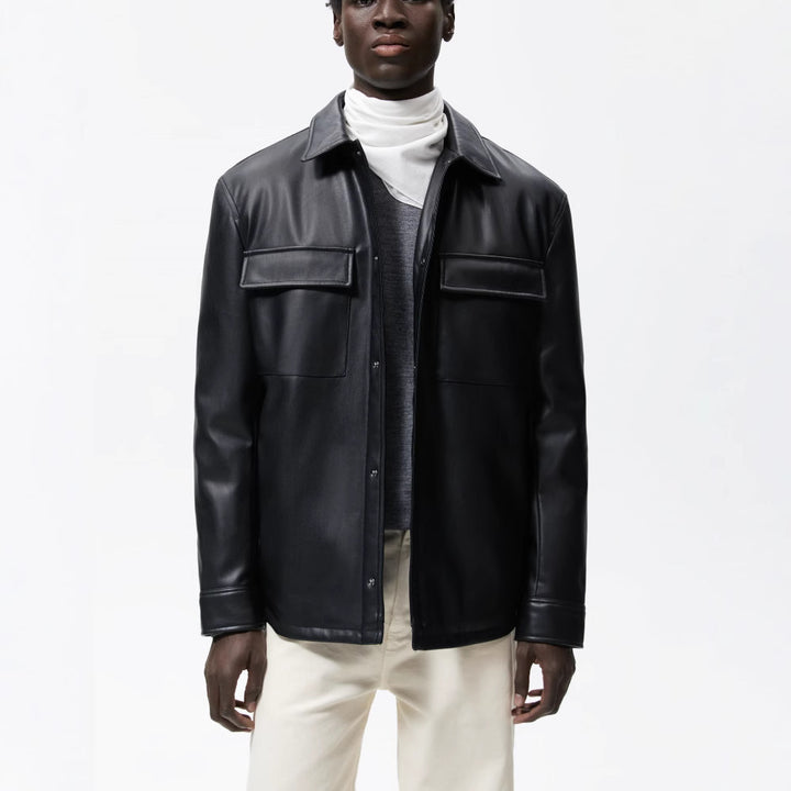 Herren Veganes Glattleder-Overshirt im Hemdjackenstil mit verdeckter Druckknopfleiste Drune