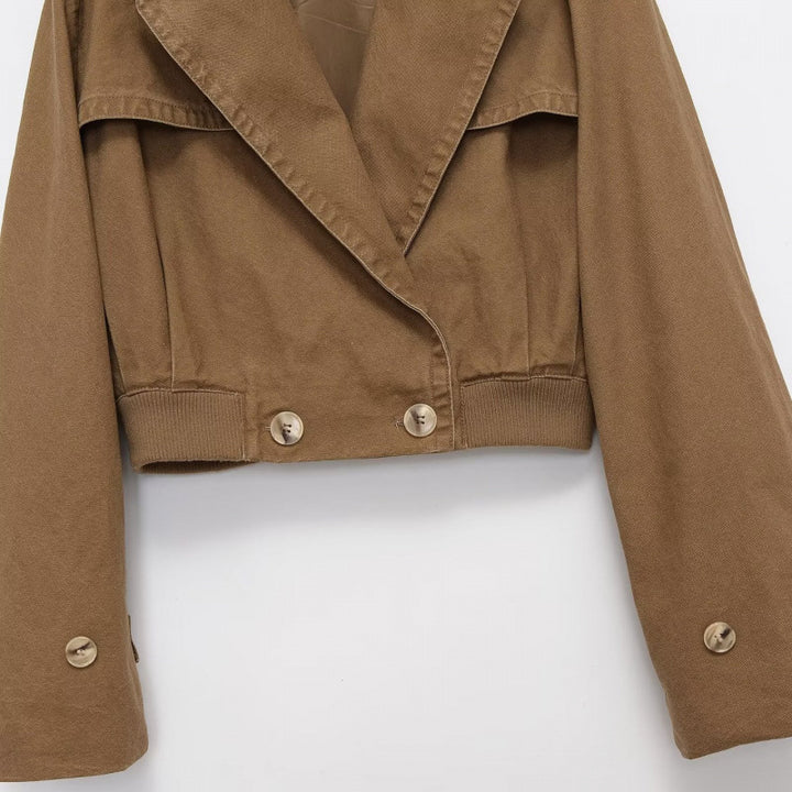 Damen Cropped Trench‑Blousonjacke mit doppelreihiger Knopfleiste, Schulterpatten und elastischem Saum Drune