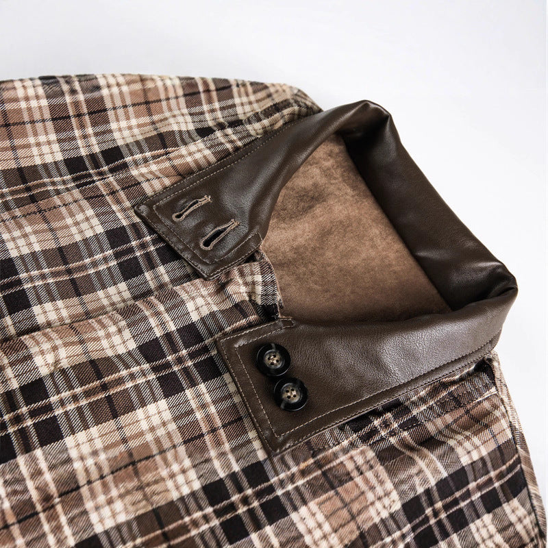 Herren Kurz geschnittener Fieldblouson im Vintage‑Workwear‑Stil mit Lederimitat‑Stehkragen und karierter Innenfütterung Drune
