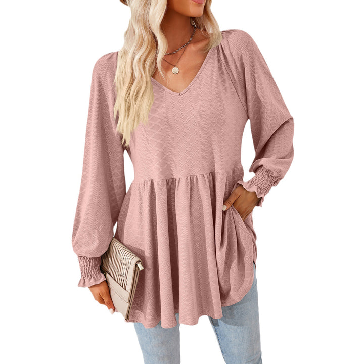 Damen lässiges V-Ausschnitt Blusenshirt mit Rüschen und Taschen Drune