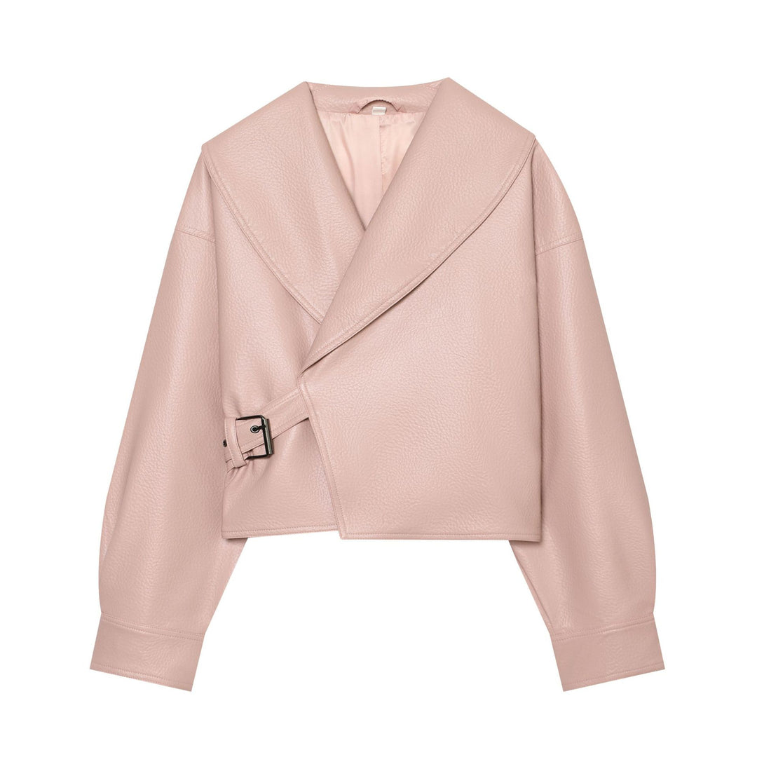 Damen Cropped Kunstlederblouson mit großem Schalkragen und Taillenband Drune