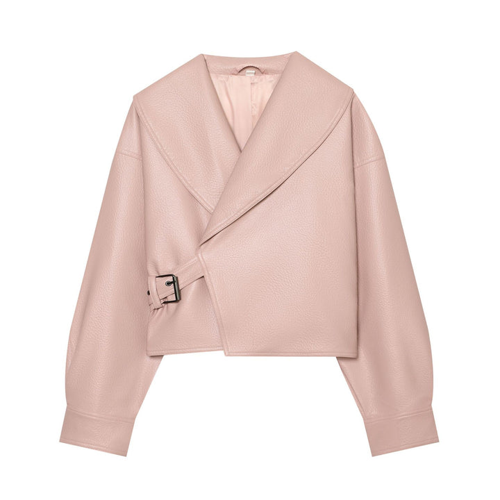 Damen Cropped Kunstlederblouson mit großem Schalkragen und Taillenband Drune