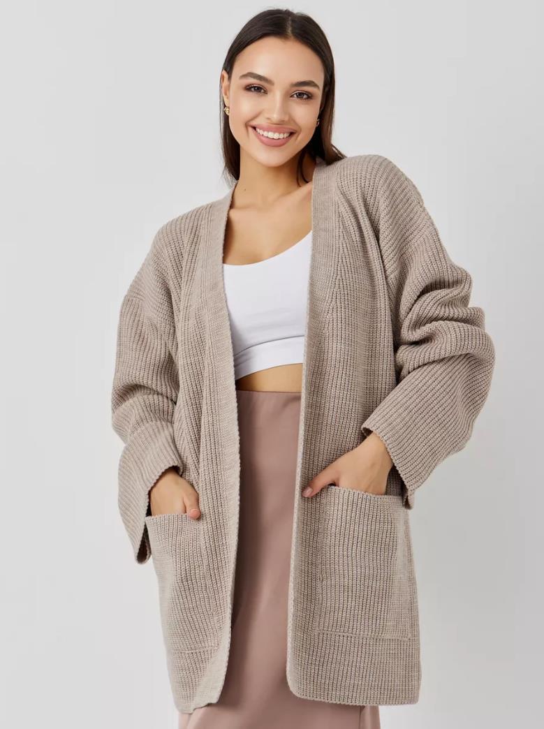 Damen kuscheliger langer Strickcardigan mit weiten Ärmeln und praktischen Taschen Drune