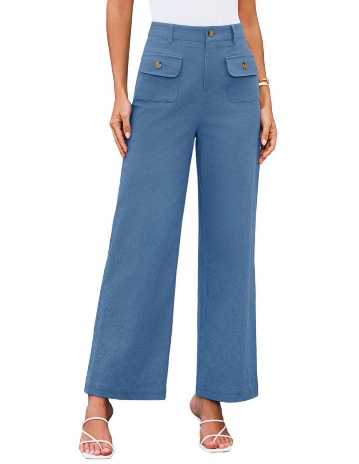 Hochtaillierte Damen-Trousers mit weitem Bein und Knopfklappen-Pattentaschen Drune