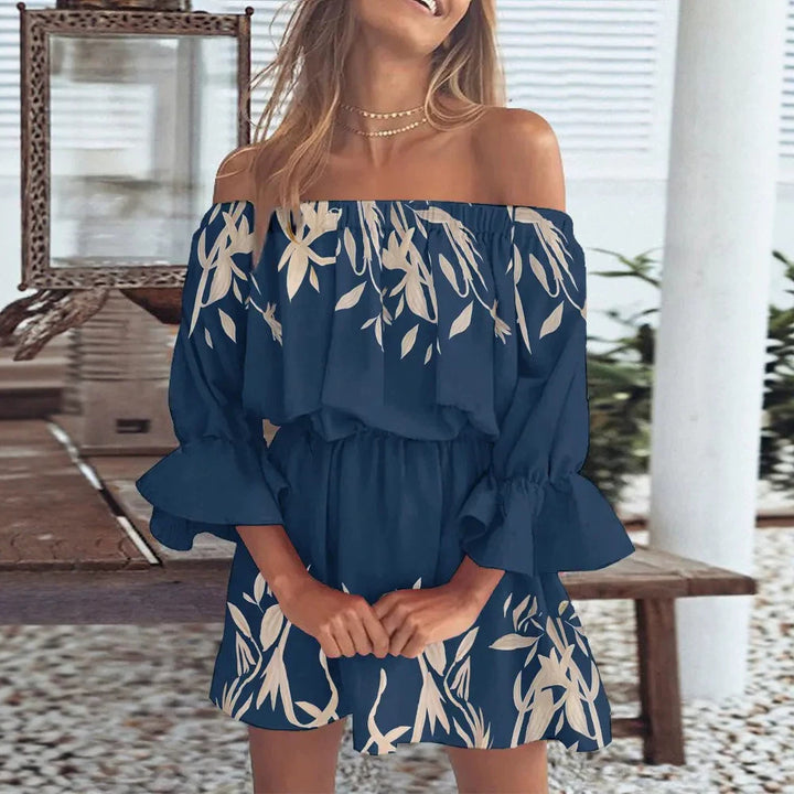 Damen Schulterfreies Minikleid mit elastischer Taillenpassform und Volantärmeln Drune