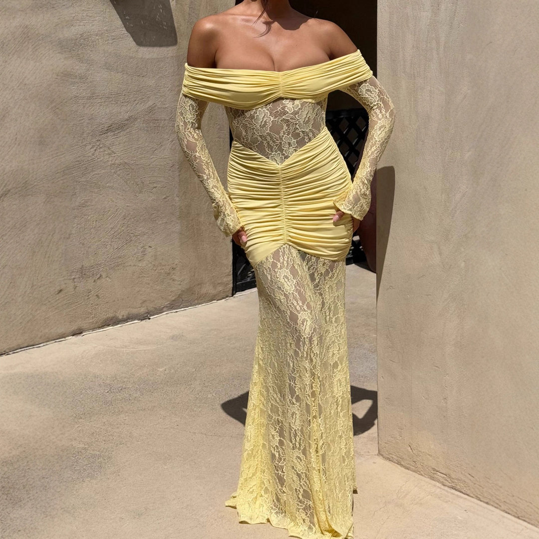 Damen Elegantes Spitzen-Maxikleid mit elegantem Off-Shoulder Design und Raffungen Drune