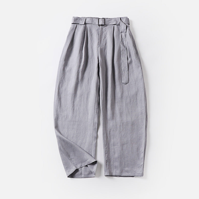 Damen Hochtaillierte Leinen-Baumwoll Bundfaltenhose mit Bindegürtel und tapered Bein Drune