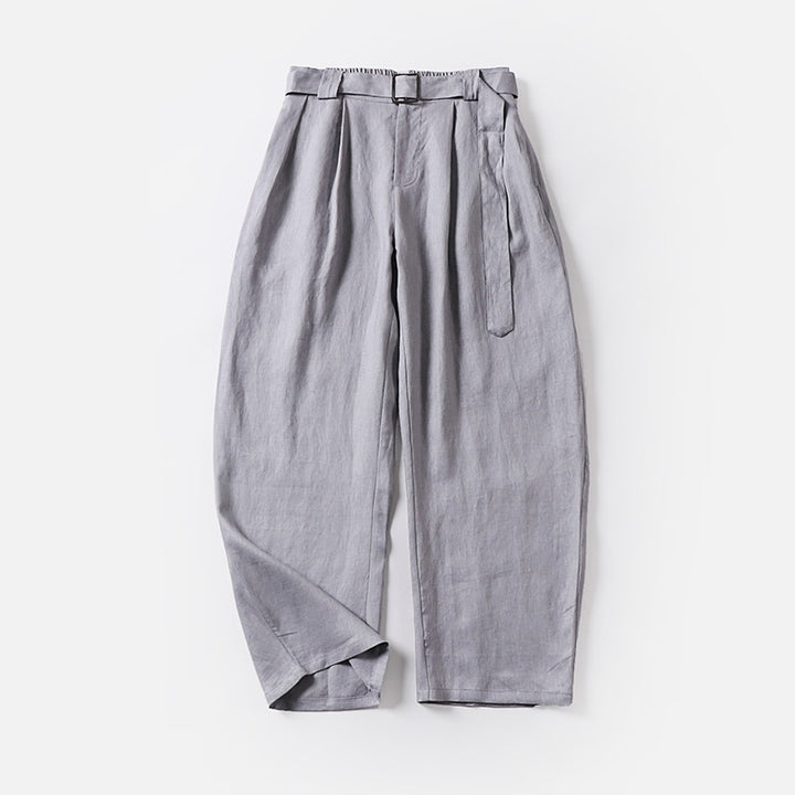 Damen Hochtaillierte Leinen-Baumwoll Bundfaltenhose mit Bindegürtel und tapered Bein Drune
