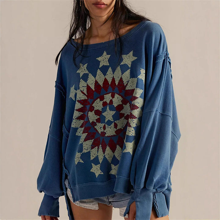Damen oversized Sweatshirt mit Rüben-Print, ausgefransten Nahtakzenten und Daumenlochärmeln Drune