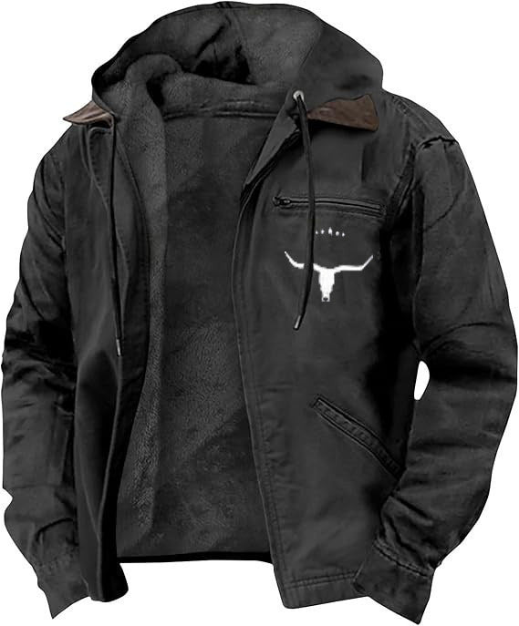 Herren Gefütterte Kapuzen-Lederjacke mit Teddyfutter und Brustreißverschlusstasche Drune