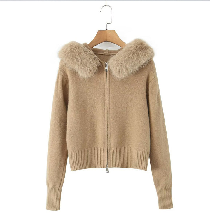 Damen Strickjacke mit luxuriösem Kunstfellkragen und Reißverschluss Drune