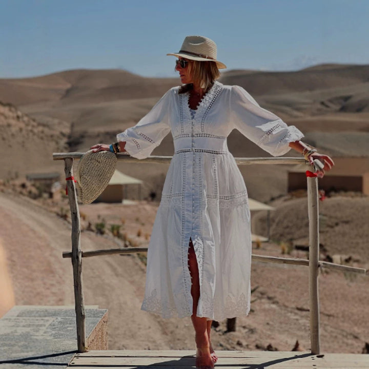 Damen Maxikleid im Boho‑Stil mit Spitzeneinsätzen, Knopfleiste und Ballonärmeln Drune