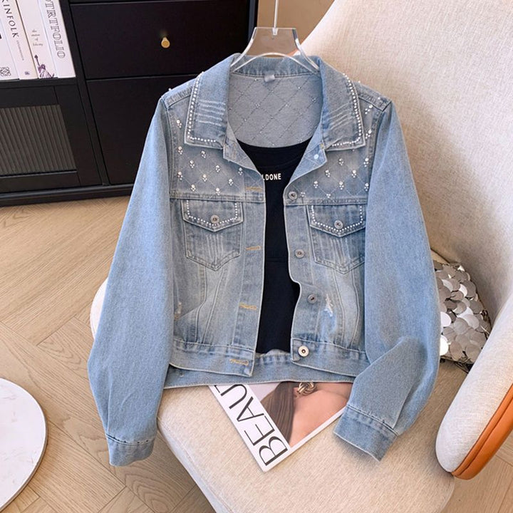 Damen modische Jeansjacke mit glamourösen Perlendetails Drune