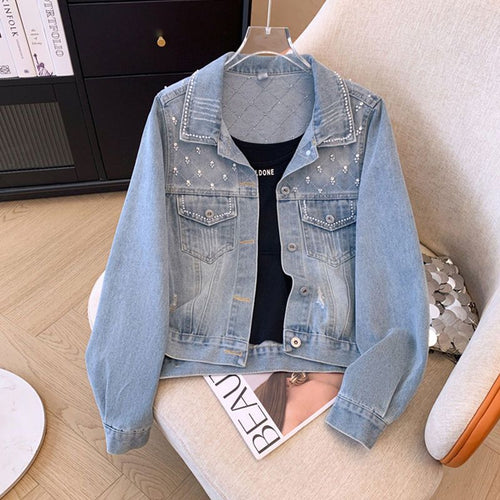 Damen modische Jeansjacke mit glamourösen Perlendetails Drune