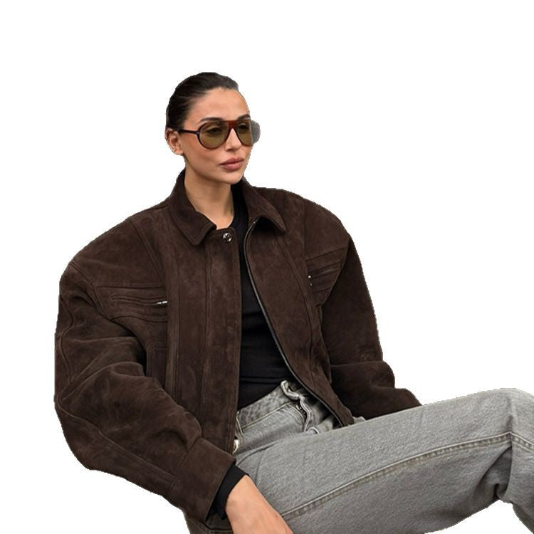 Damen Kurzer Veloursleder-Bomber mit elastischer Taillierung und überschnittener Schulter Drune