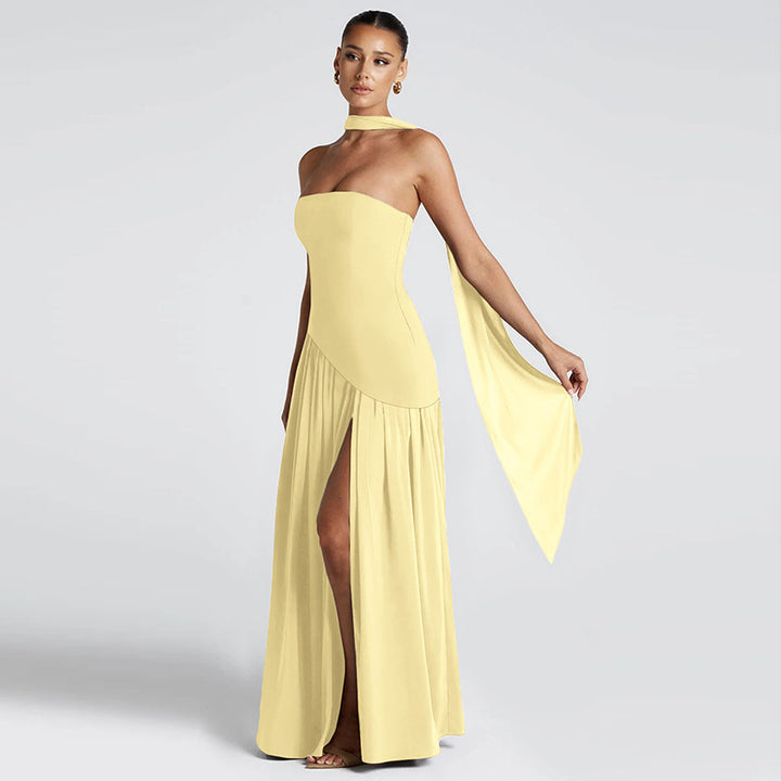 Damen Elegantes Maxikleid mit schulterfreier Silhouette und raffiniertem Schlitz Drune