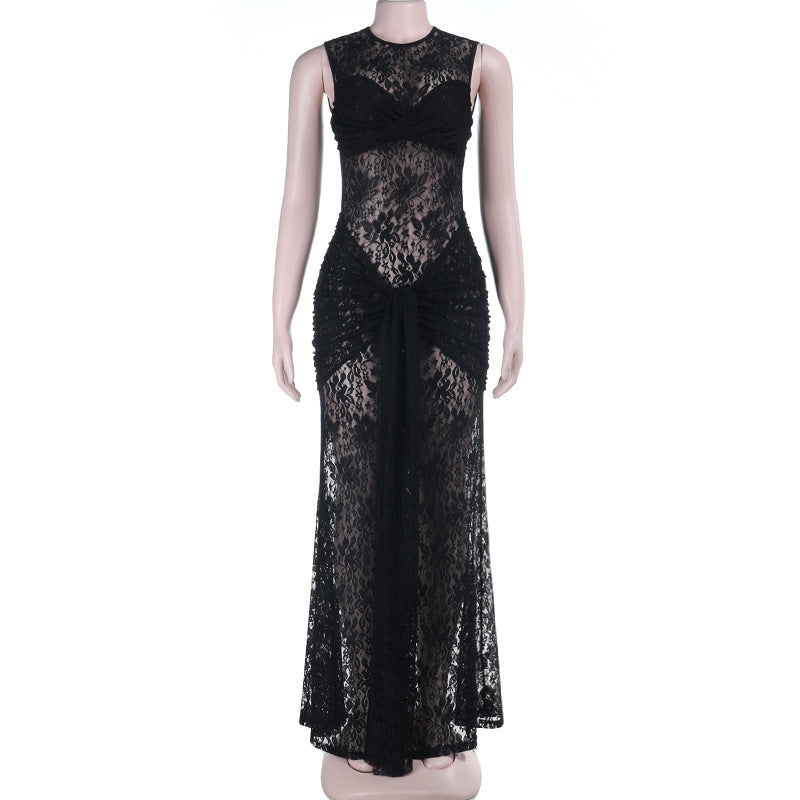 Damen verführerisches Spitzenkleid mit figurbetontem Schnitt und transparenten Einsätzen Drune