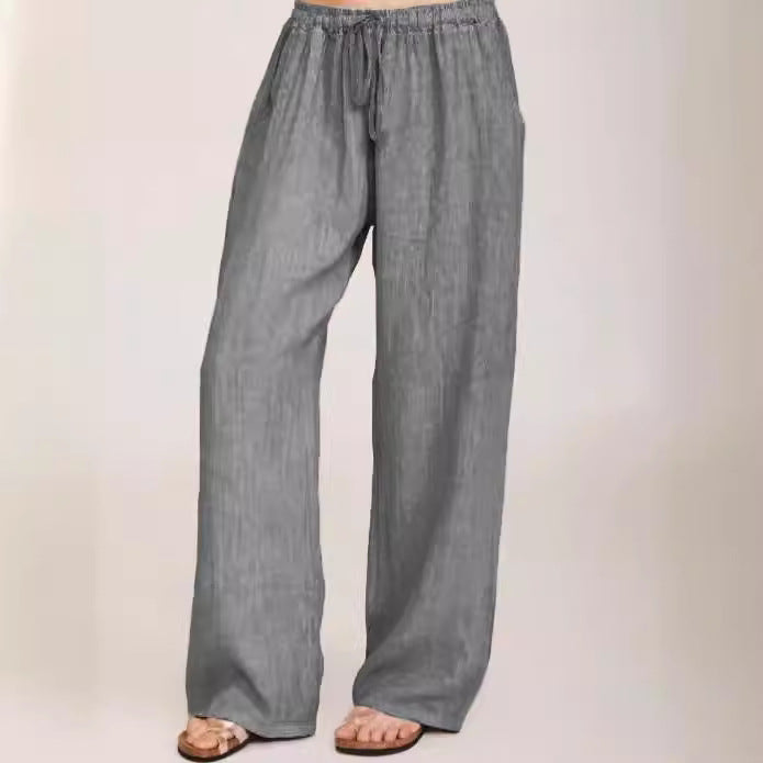 Damen Weite Leinenhose mit elastischem Bund und Seitentaschen Drune