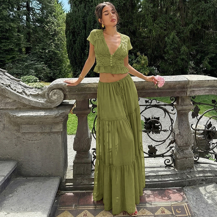 Damen Elegantes Maxikleid mit Spitzenoberteil und fließendem Saum Drune