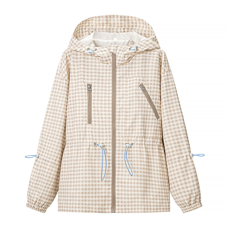 Damen 20+ leichte karierte Kapuzenjacke mit Tunnelzug, Reißverschluss und funktionalen Taschen Drune