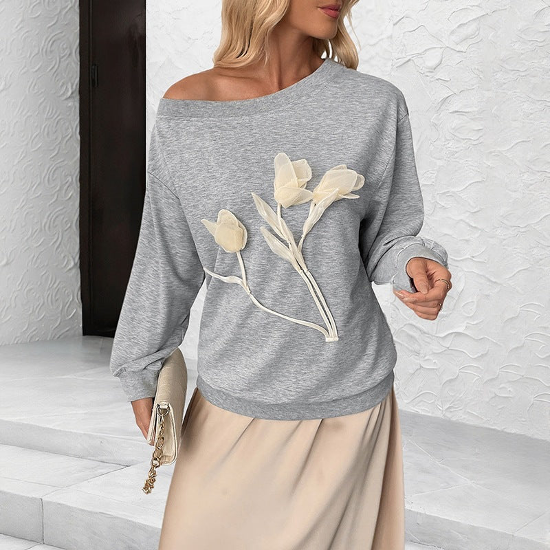 Damen Lässiger Sweatshirt mit Blumenapplikationen Drune