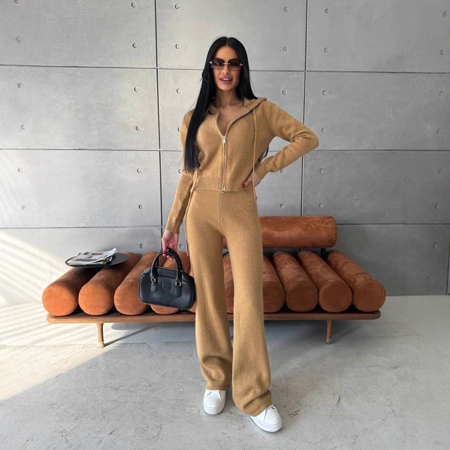 Damen Feinstrick-Loungewear-Set mit taillierter Kapuzenzipjacke und weiter Palazzo-Hose Drune