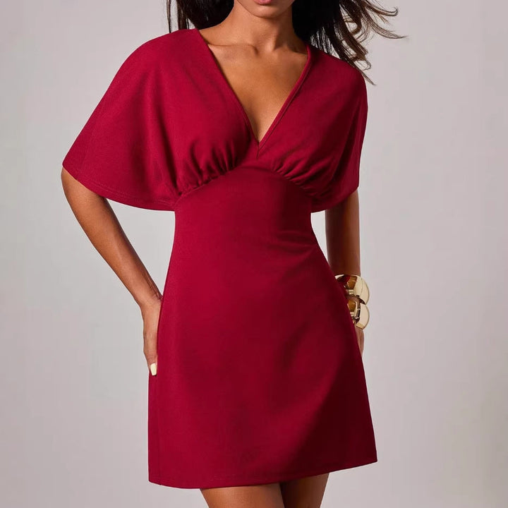 Damen figurbetontes Cocktailkleid mit tiefem V-Ausschnitt und Hüftakzent Drune