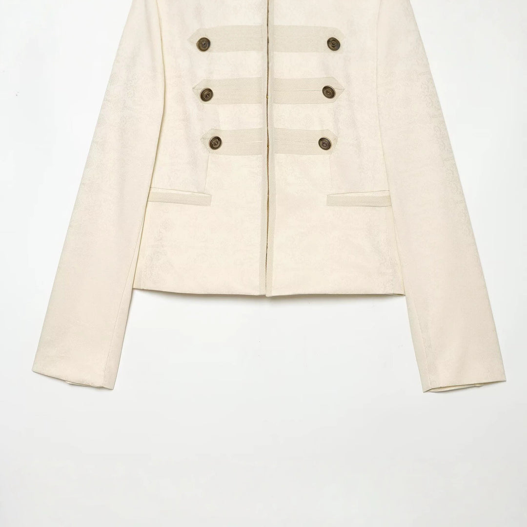 Damen Kurze Paradejacke mit Stehkragen, Zierbesatz und Reihenknöpfen Drune