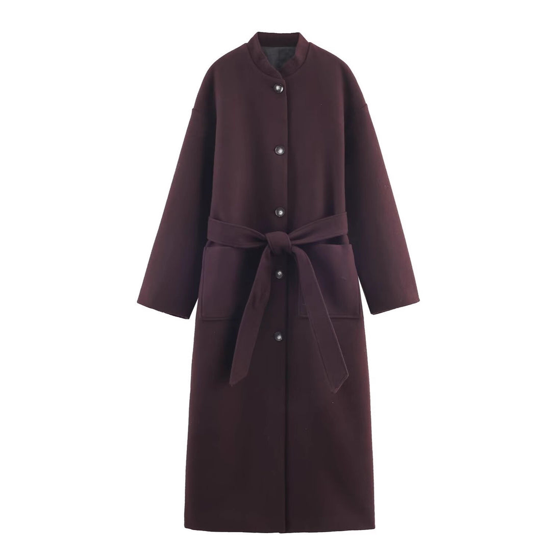 Damen Langer minimalistischer Wollmix-Kimono-Mantel mit Bindegürtel Drune