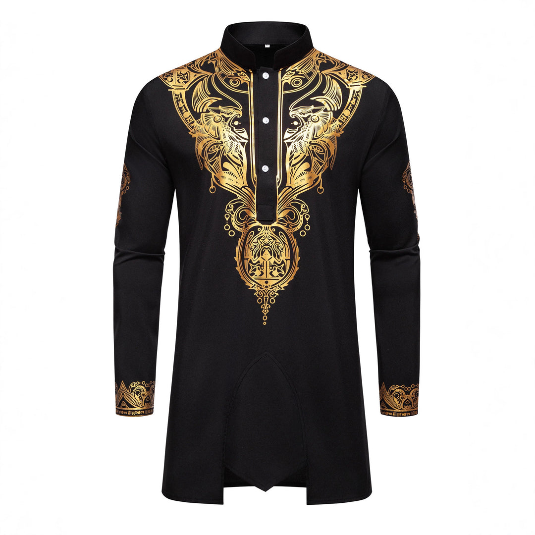 Herren Ornamentales Tunika-Set mit Stehkragen, Halbknopfleiste und goldverziertem Print Drune
