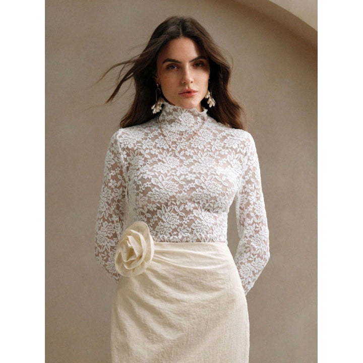 Damen Spitzenoberteil mit hohem Kragen und filigranem Blumendesign Drune