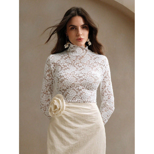 Damen Spitzenoberteil mit hohem Kragen und filigranem Blumendesign Drune