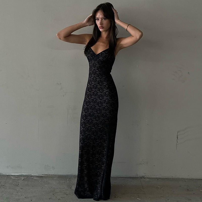 Damen Spitzen-Maxikleid mit eleganten Trägern Drune