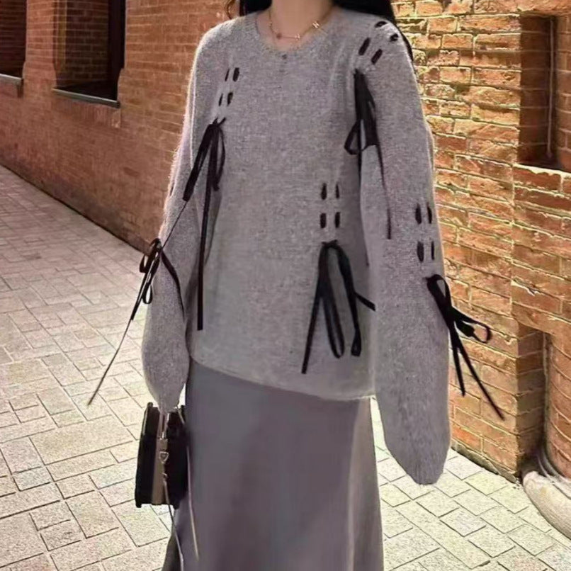 Damen kuscheliger Strickpullover mit eleganten Schleifenachsen Drune