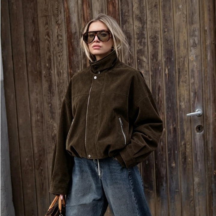 Damen Boxy-Suede-Bomberjacke mit hohem Stehkragen und elastischem Saum Drune