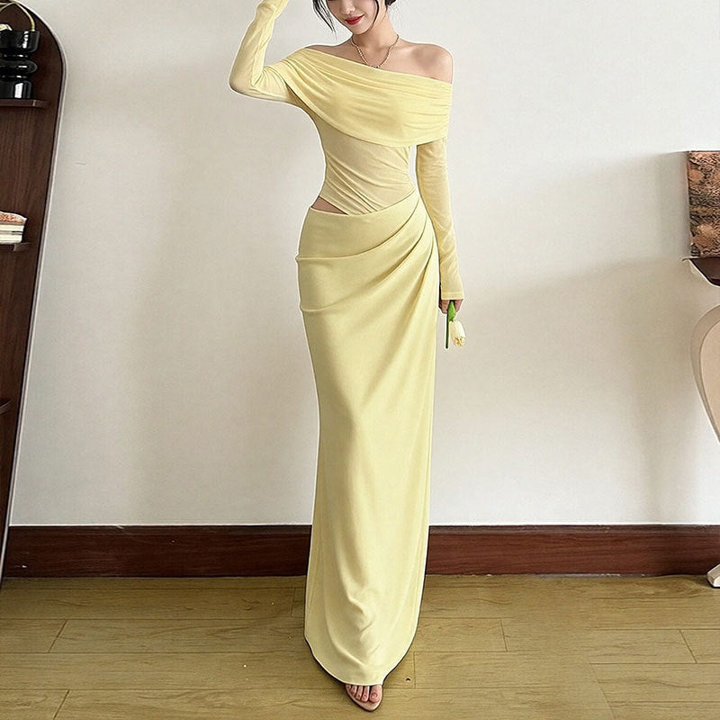 Damen Elegantes Off-Shoulder Maxikleid mit Rüschendetails und langem Arm Drune