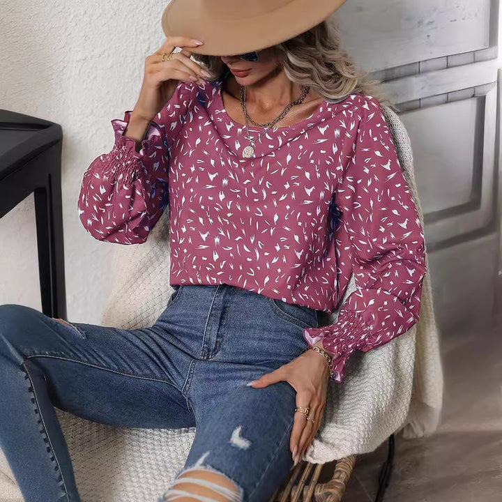 Damen elegante Bluse mit raffinierten Puffärmeln und zartem Muster Drune