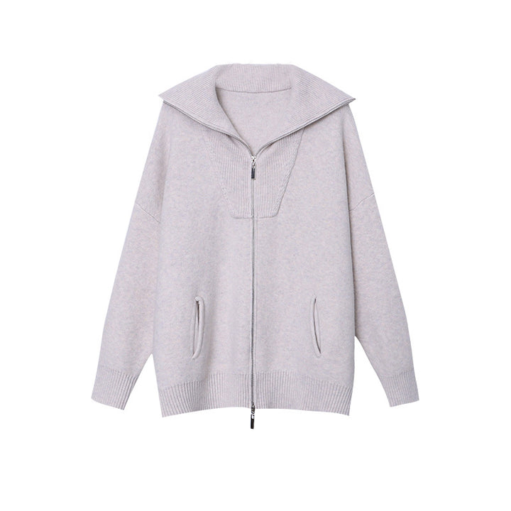 Damen lässige Zip-Up Strickjacke mit hohem Kragen und seitlichen Taschen Drune