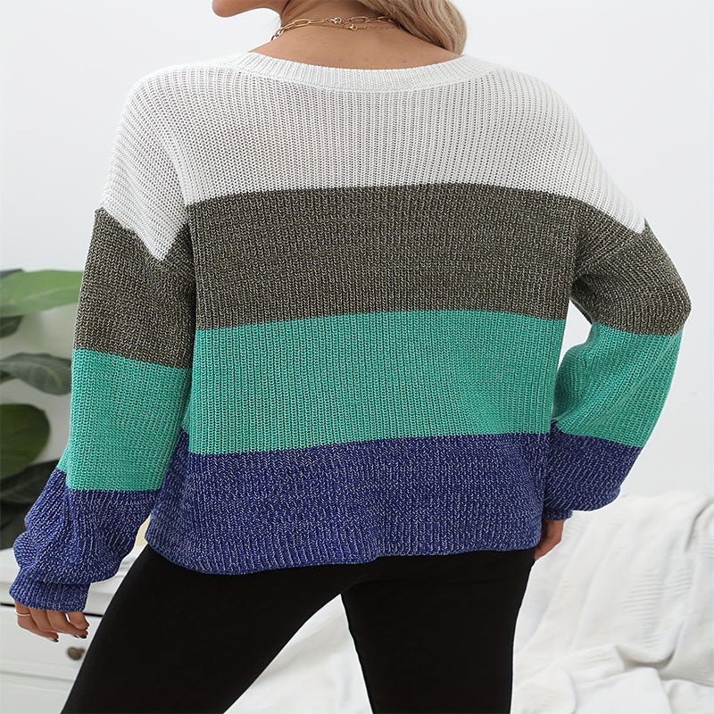 Damen lässiger Strickpullover mit farbigen Blockstreifen Drune