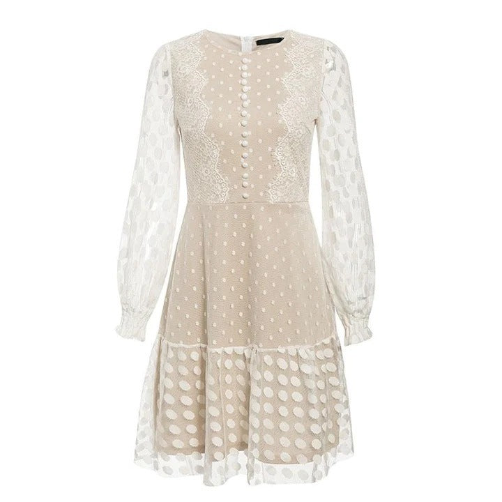 Damen Verspieltes Babydoll-Kleid mit transparenten Puffärmeln und Spitzenakzenten Drune